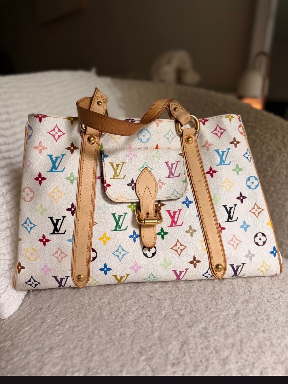 Louis Vuitton Multicolor Monogram White Canvas Shoulder Bag with Tan Trim
